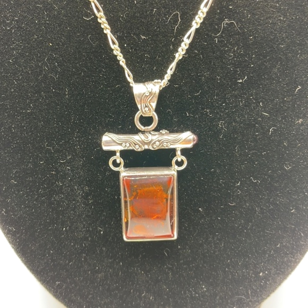 Signed LB Lori Bonn Sterling Silver Baltic Amber Pendant Necklace AZ 925 Italy - Picture 3 of 15